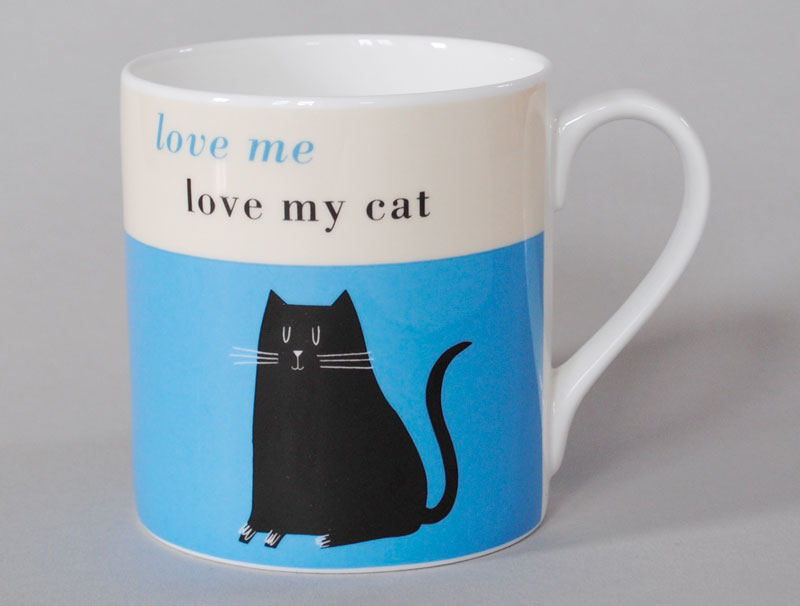 Happiness Black Cat Bone China Mug Turquoise