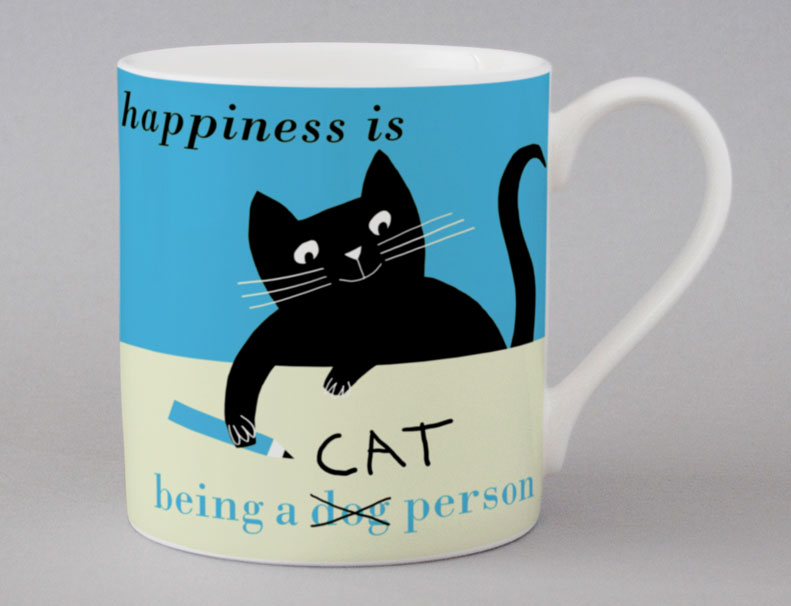 Happiness Cat Pencil Bone China Mug Turquoise