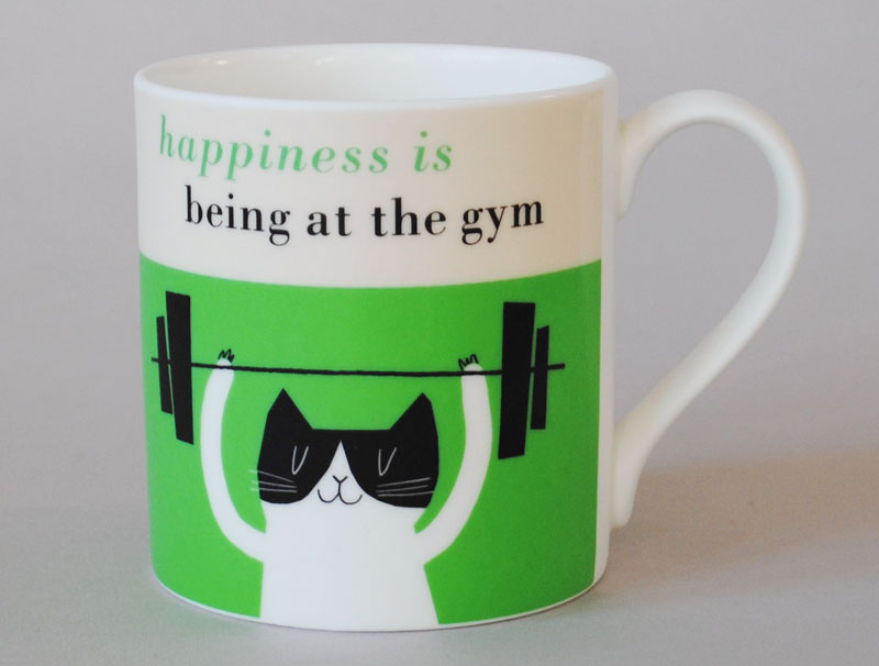 Happiness Gym Cat Bone China Mug Green