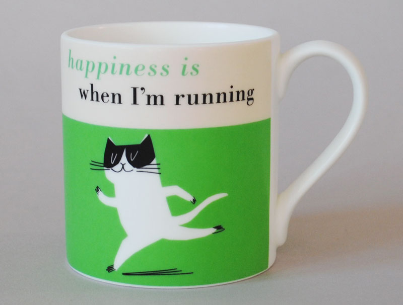 Happiness Running Cat Bone China Mug Green