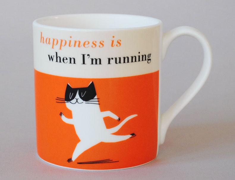Happiness Running Cat Bone China Mug Orange