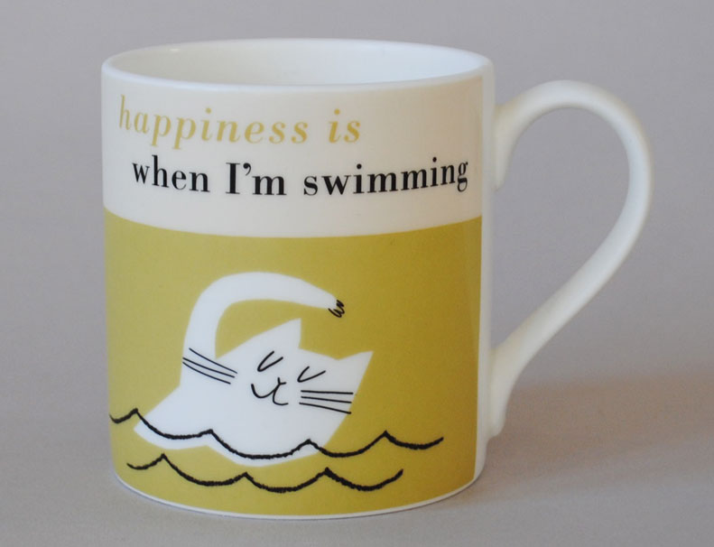 Happiness Swimming Cat Bone China Mug Olive