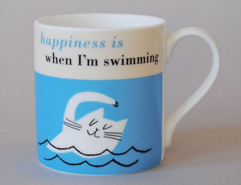 Happiness Swimming Cat Bone China Mug Turquoise